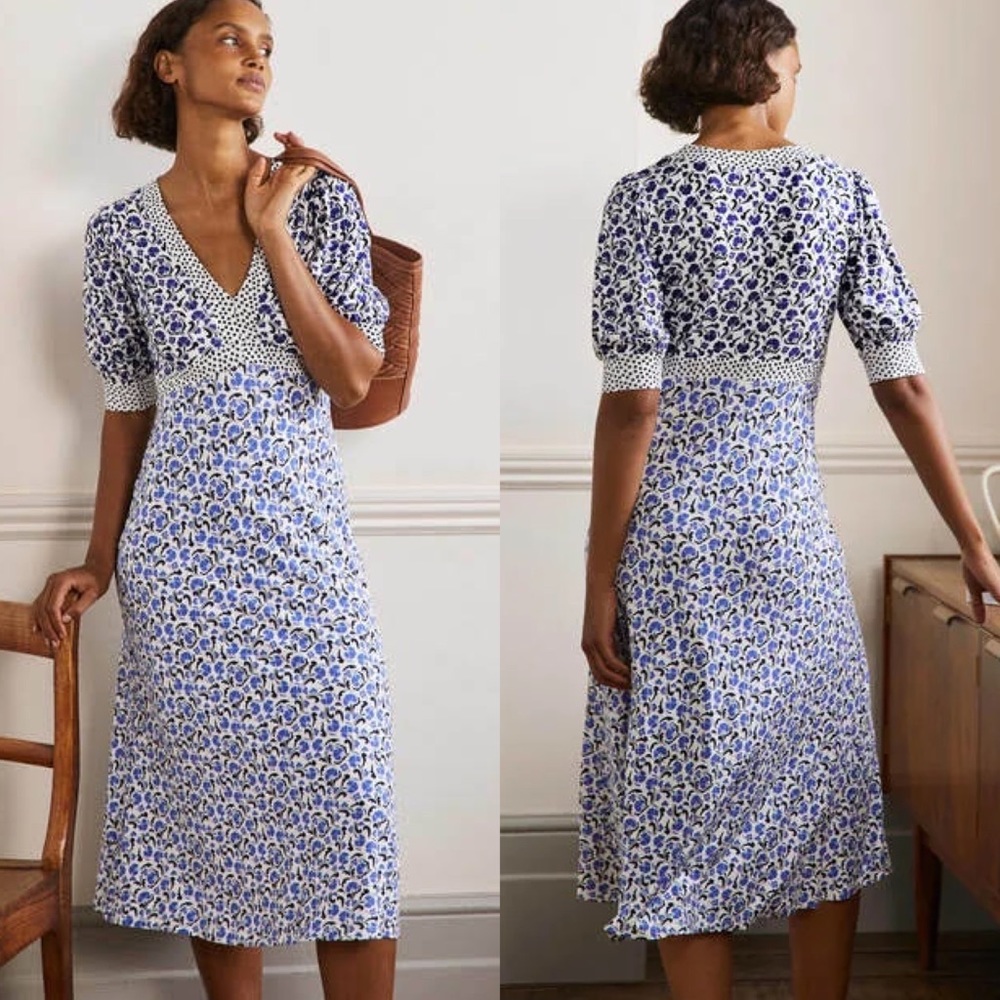 BODEN EVA JERSEY V NECK BLUEBELL DELICATE BUD MIDI DRESS